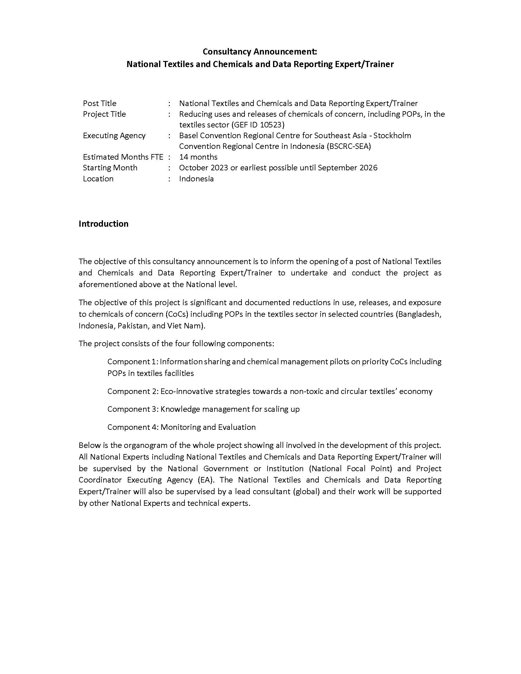 TOR National textiles and chemicals and data reporting expert-posted